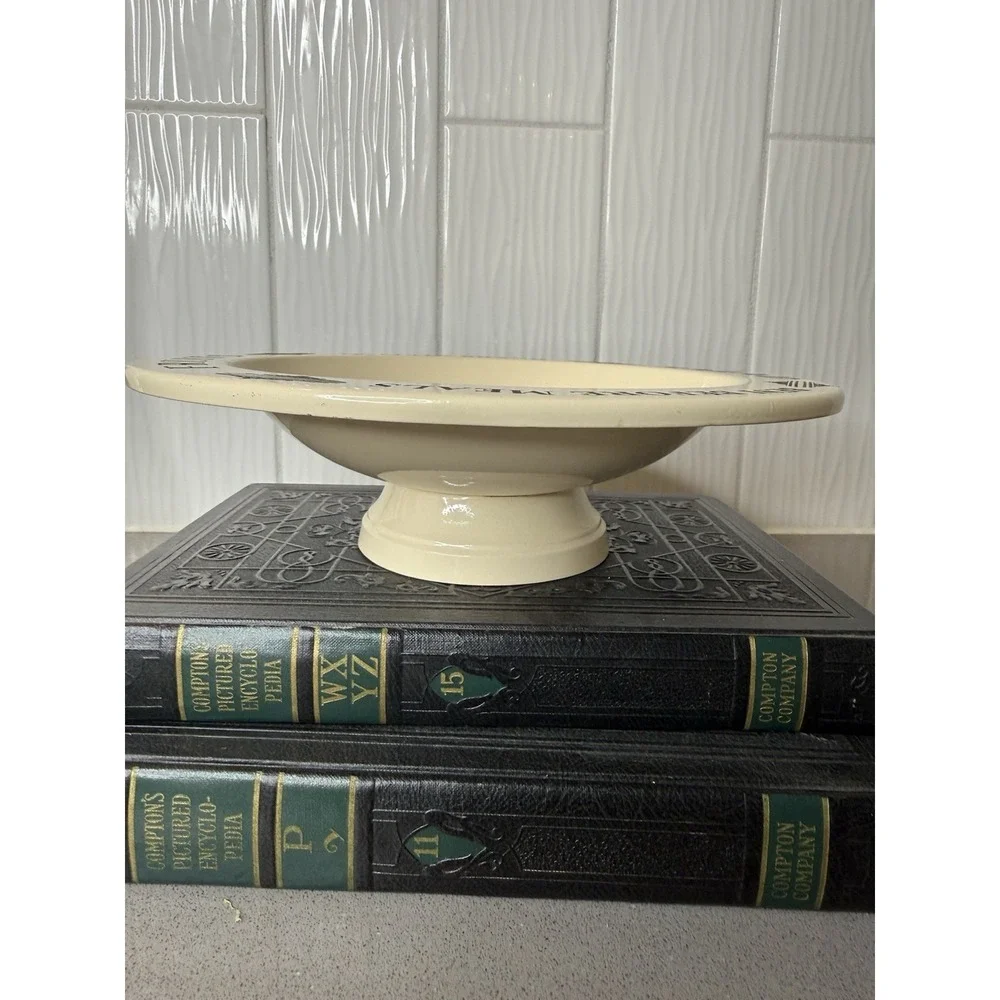 Vintage Style Enamelware Pedestal Fruit Bowl Cream & Black Cottagecore Metal GUC